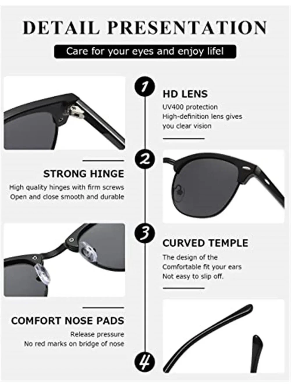 Retro Black Polarized Sunglasses Men Women UV400 Semi Rimless Classic Shades